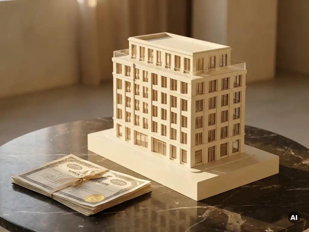 Miniaturmodell eines Wohngebäudes neben Aktienzertifikaten auf poliertem Marmor, warmes goldenes Licht, Immobilieninvestition.