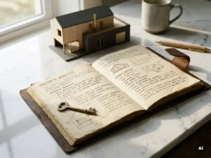 Aufgeschlagenes Leder-Notizbuch mit handschriftlichen Immobiliennotizen, Architekturmodell und Messsingschlüssel auf weißem Marmortisch.