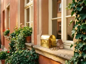Messingbriefkasten mit Euromünzen und Hausmodell auf Sandsteingesims eines klassischen deutschen Wohngebäudes im goldenen Nachmittagslicht.