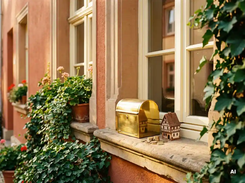 Messingbriefkasten mit Euromünzen und Hausmodell auf Sandsteingesims eines klassischen deutschen Wohngebäudes im goldenen Nachmittagslicht.